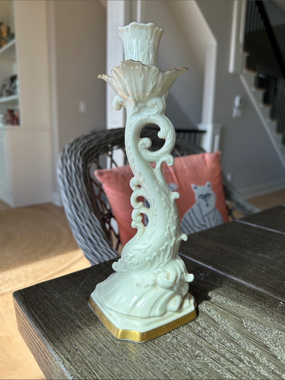 Lenox Cream Porcelain Scrollwork Dolphin Candlestick with 24 K Gold Trim